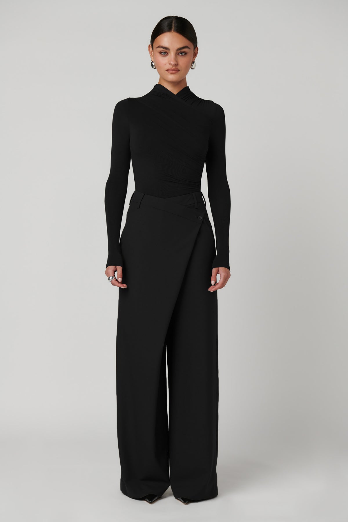 Amrita Draped Crossover Bodysuit in Shadow, view 3, Bayse Brand