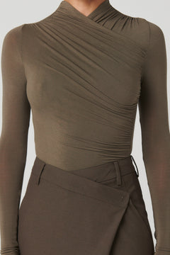 Amrita Draped Crossover Bodysuit in Mink, view 5, Bayse Brand