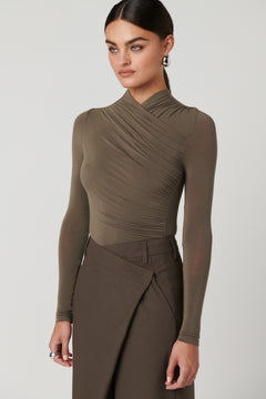 Amrita Draped Crossover Bodysuit in Mink, view 6, Bayse Brand