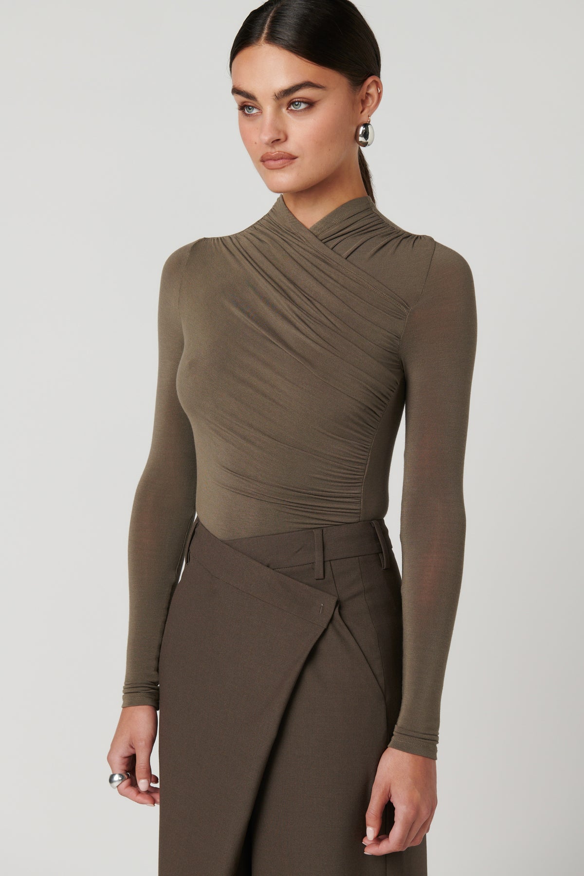 Amrita Draped Crossover Bodysuit in Mink, view 6, Bayse Brand