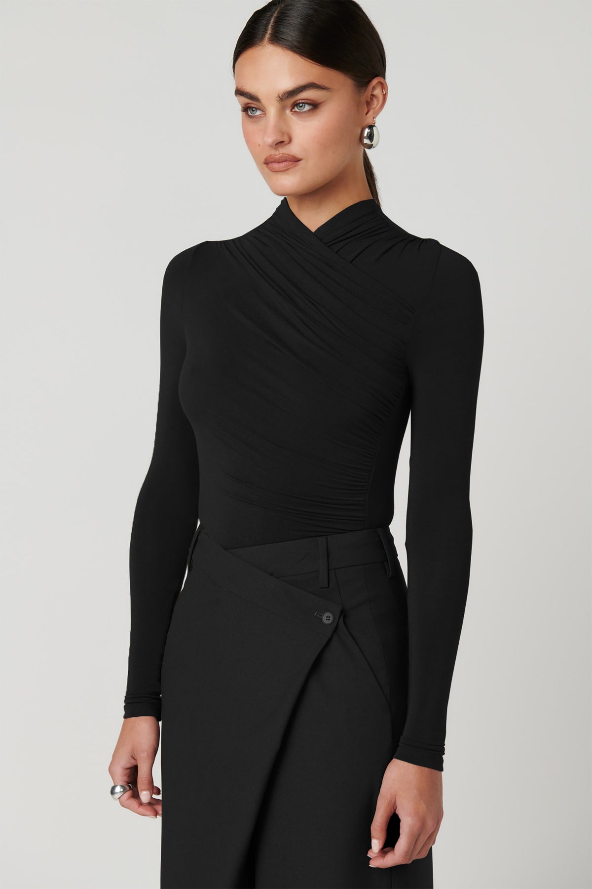 Amrita Draped Crossover Bodysuit in Shadow, view 4, Bayse Brand