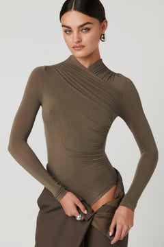 Amrita Draped Crossover Bodysuit in Mink, view 7, Bayse Brand