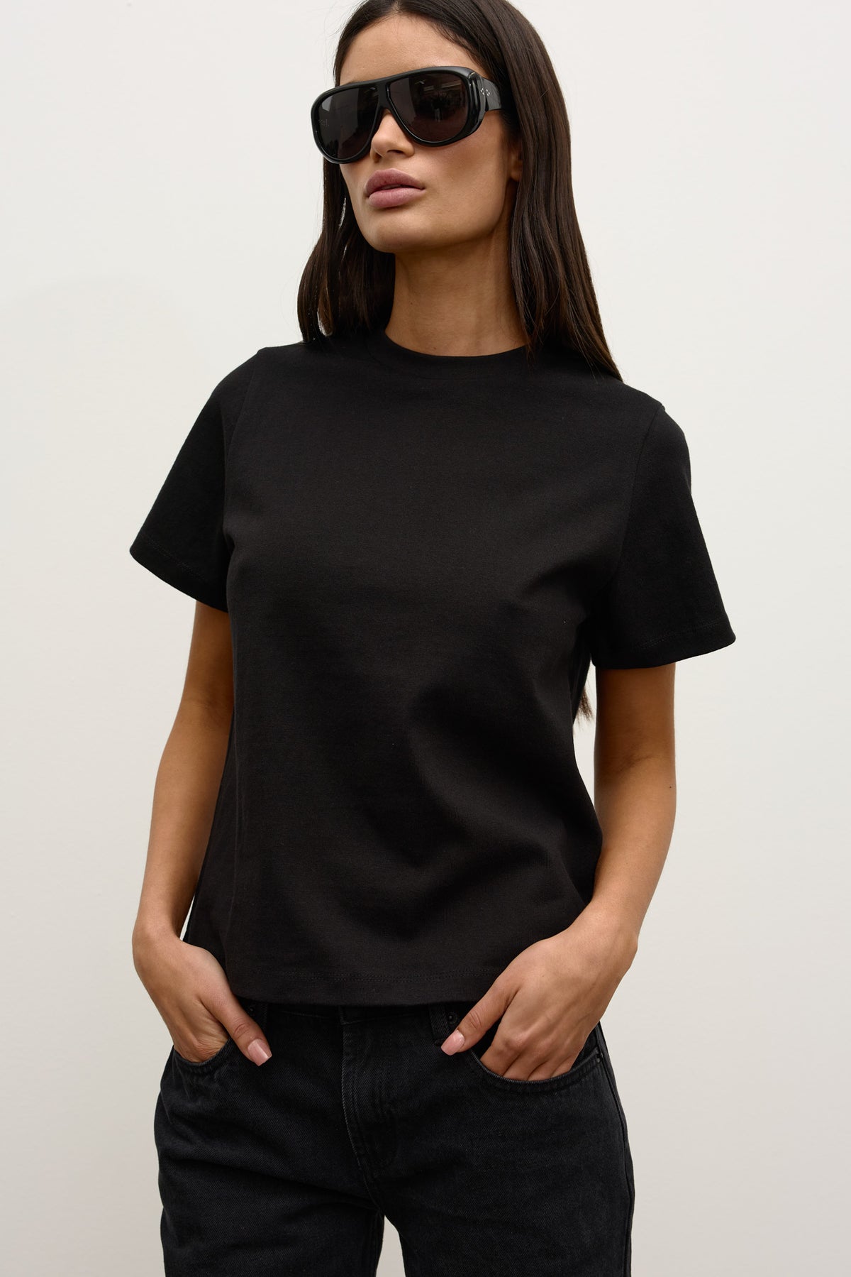 Tess Cotton Crew Neck T-Shirt in Black, view 2, Bayse Brand