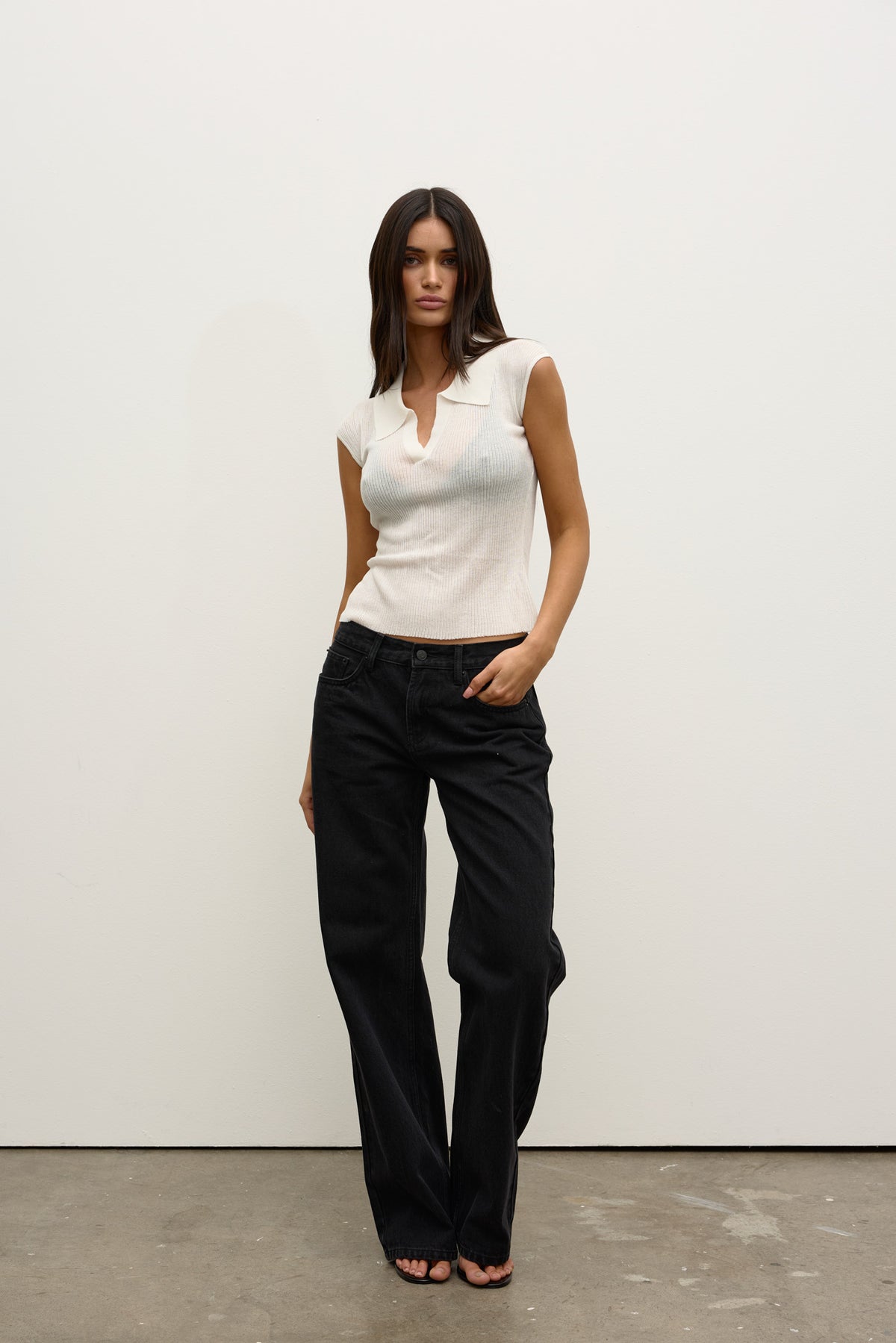 Parisa Ribbed Collared Knit Top in White, view 2, Bayse Brand