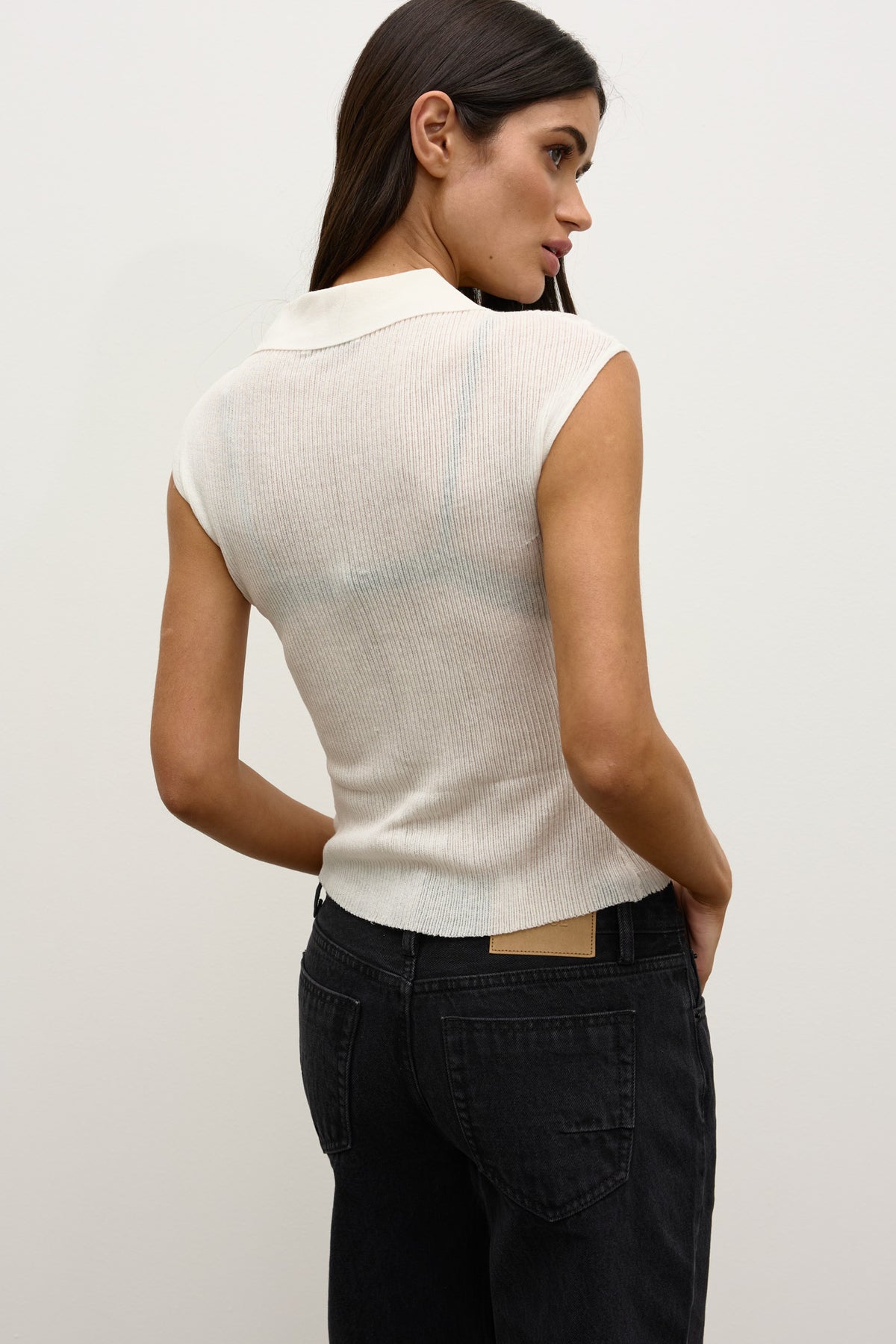 Parisa Ribbed Collared Knit Top in White, view 4, Bayse Brand