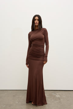 Etta Ruched Open Back Maxi Dress in Chocolate, view 2, Bayse Brand