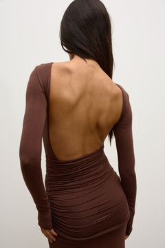 Etta Ruched Open Back Maxi Dress in Chocolate, view 4, Bayse Brand