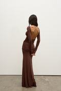 Etta Ruched Open Back Maxi Dress in Chocolate, view 1, Bayse Brand