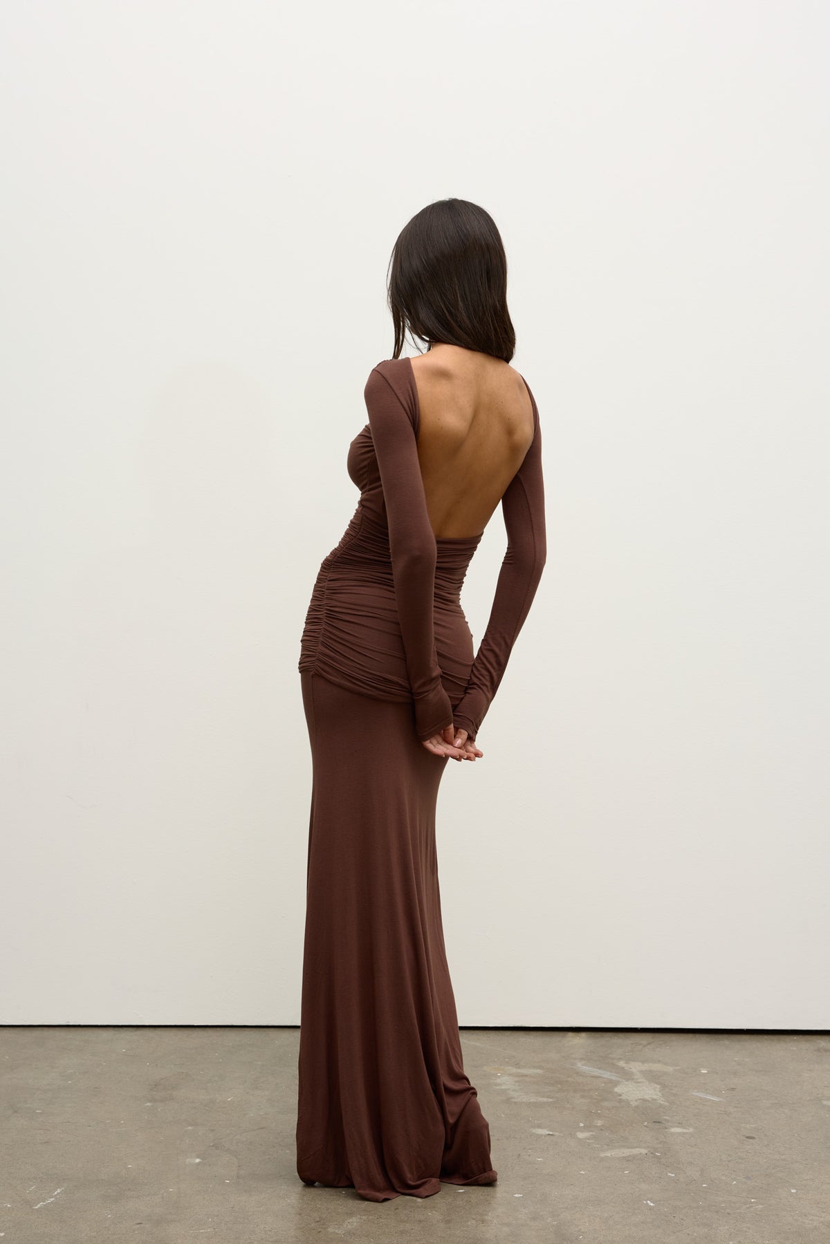 Etta Ruched Open Back Maxi Dress in Chocolate, view 1, Bayse Brand