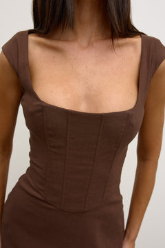 Sloane Square Neck Corset Mini Dress in Chocolate, view 2, Bayse Brand