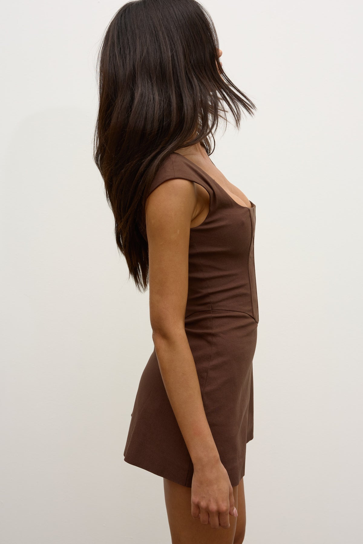 Sloane Square Neck Corset Mini Dress in Chocolate, view 5, Bayse Brand