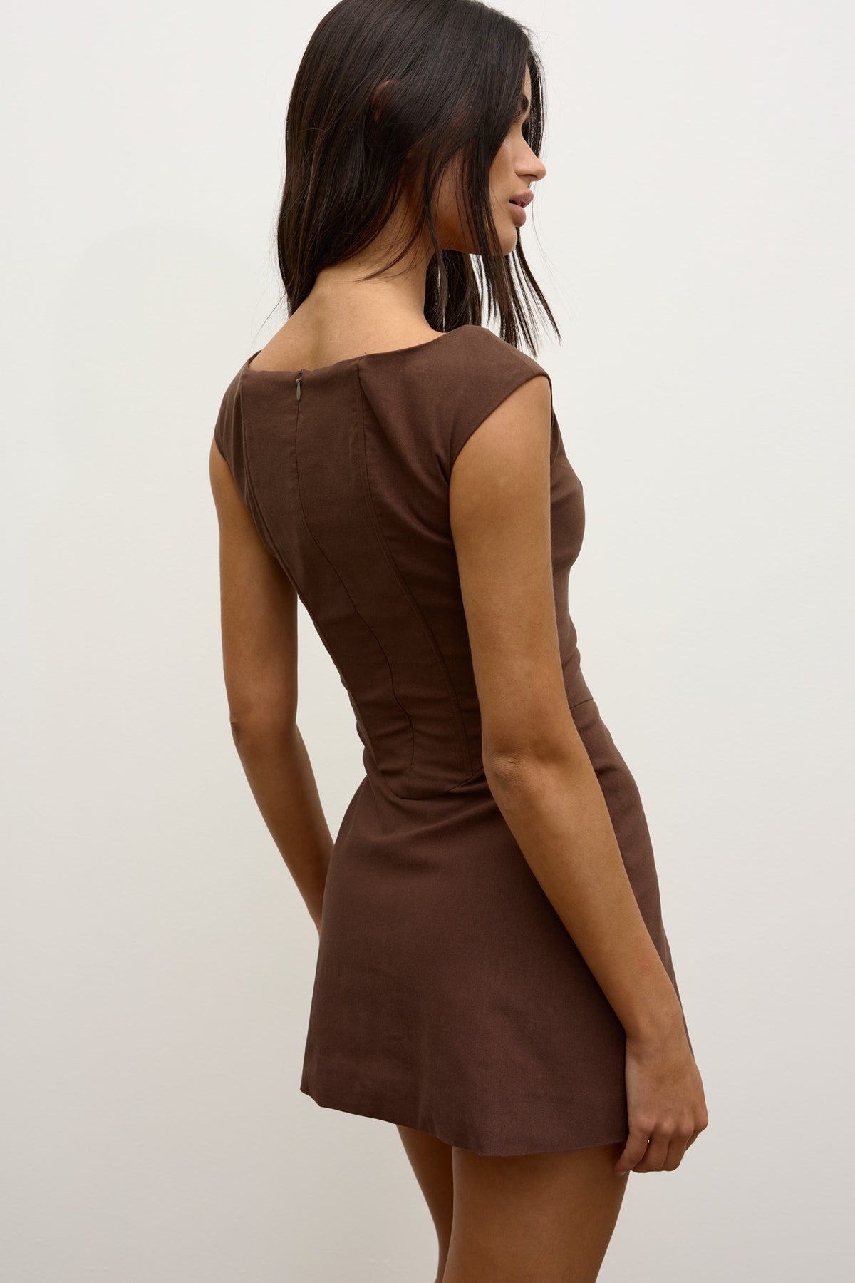 Sloane Square Neck Corset Mini Dress in Chocolate, view 6, Bayse Brand