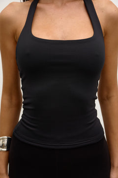 Faye Square Halter Open Back Top in Black, view 2, Bayse Brand