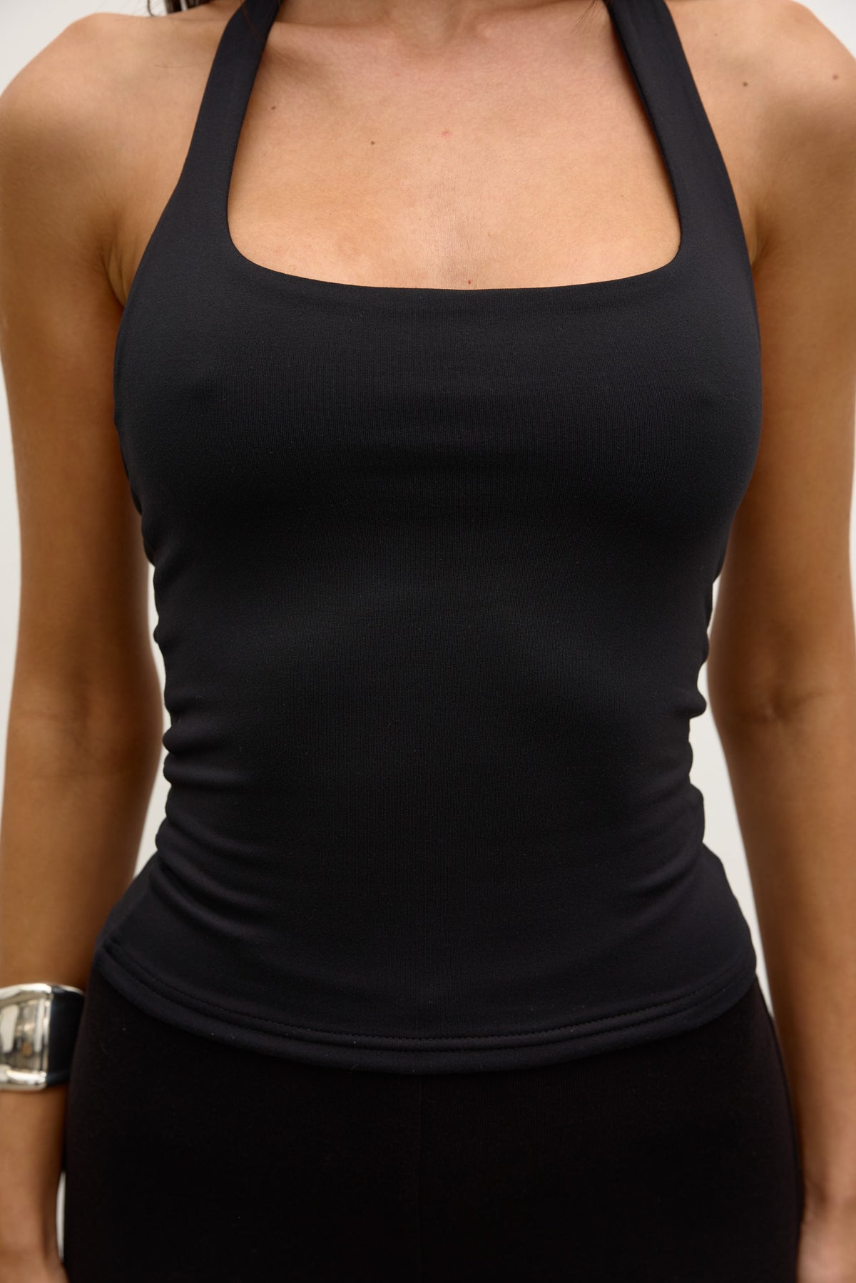 Faye Square Halter Open Back Top in Black, view 2, Bayse Brand