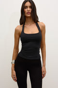 Faye Square Halter Open Back Top in Black, view 1, Bayse Brand