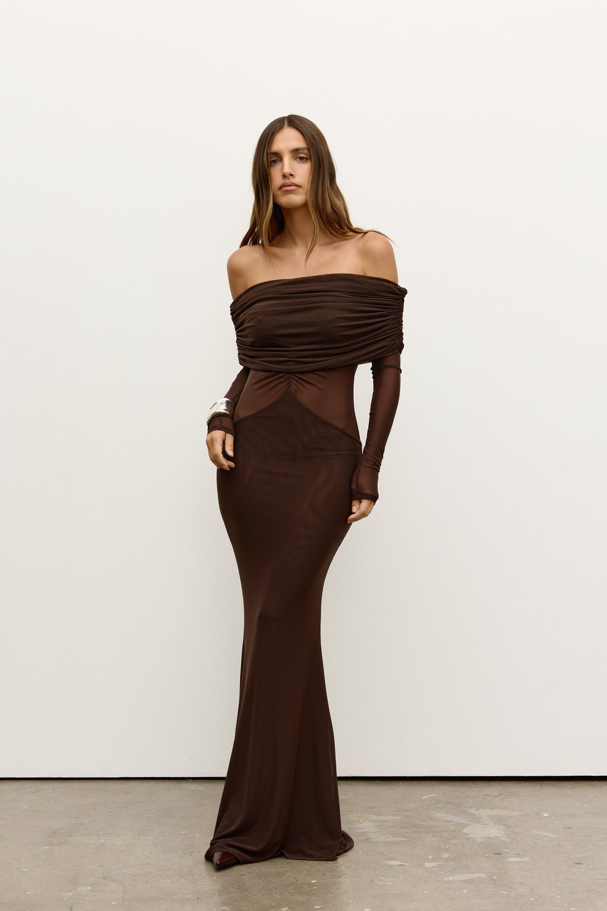 Millie Off Shoulder Long Sleeve Maxi Dress in Ash, view 1, Bayse Brand