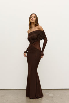 Millie Off Shoulder Long Sleeve Maxi Dress in Ash, view 3, Bayse Brand