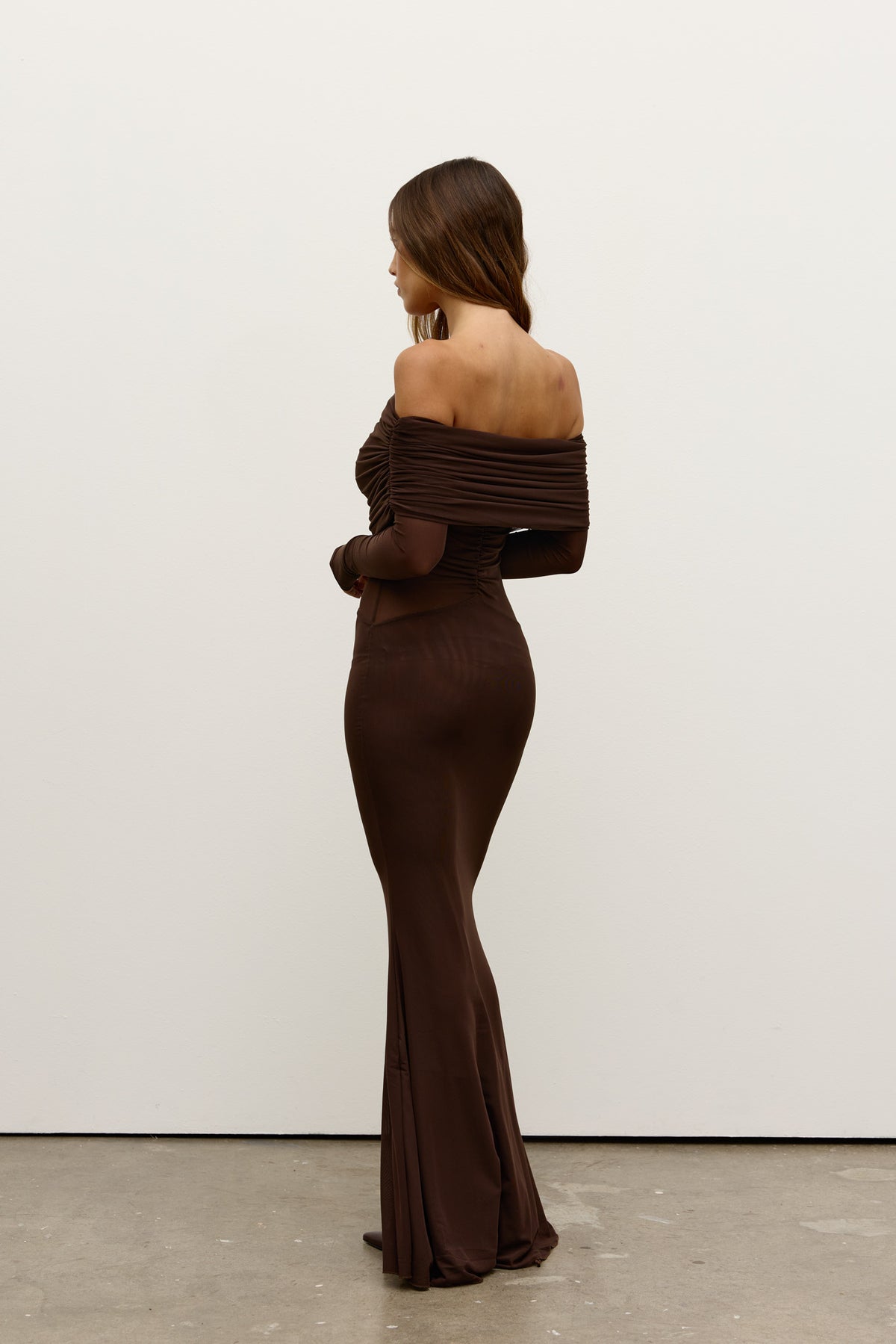 Millie Off Shoulder Long Sleeve Maxi Dress in Ash, view 4, Bayse Brand
