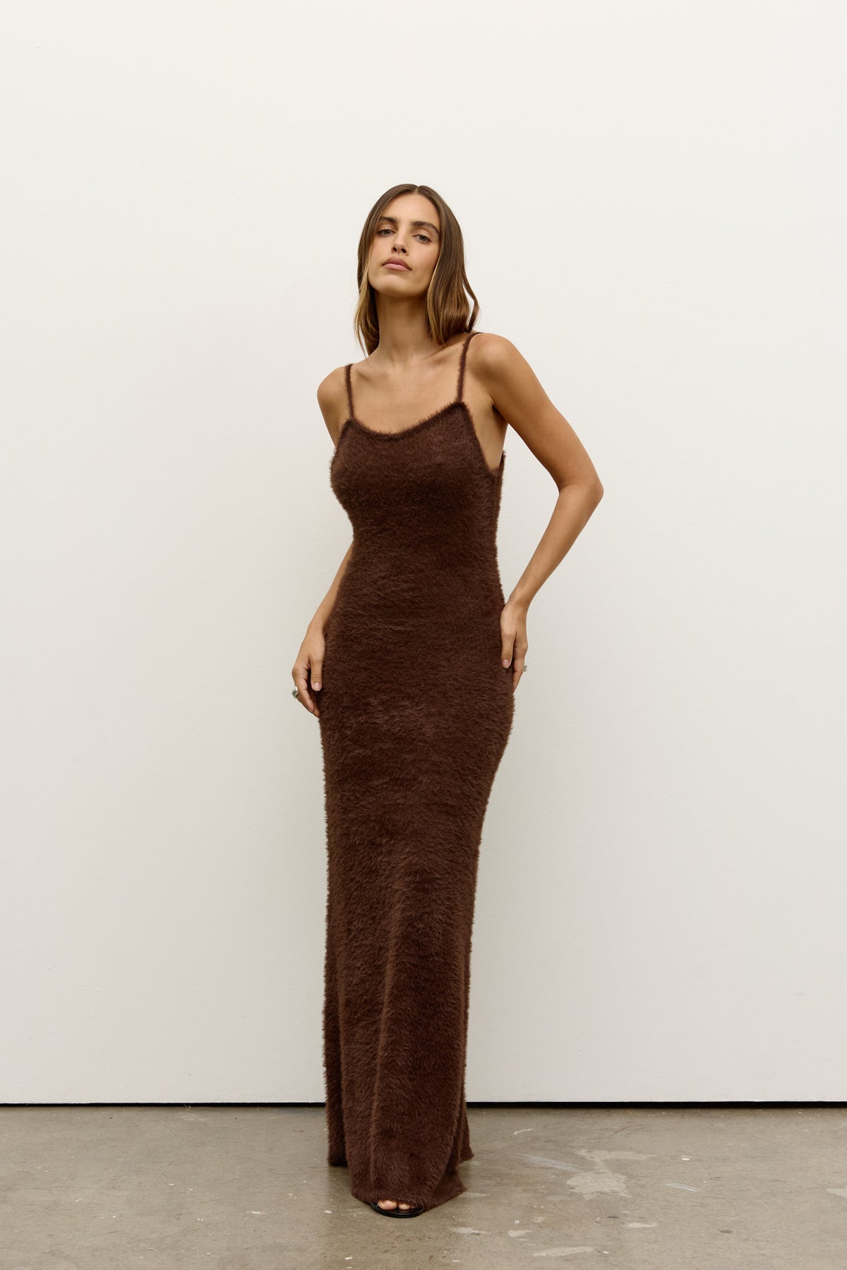 Huxley Plush Knit Maxi Dress in Chocolate, view 1, Bayse Brand