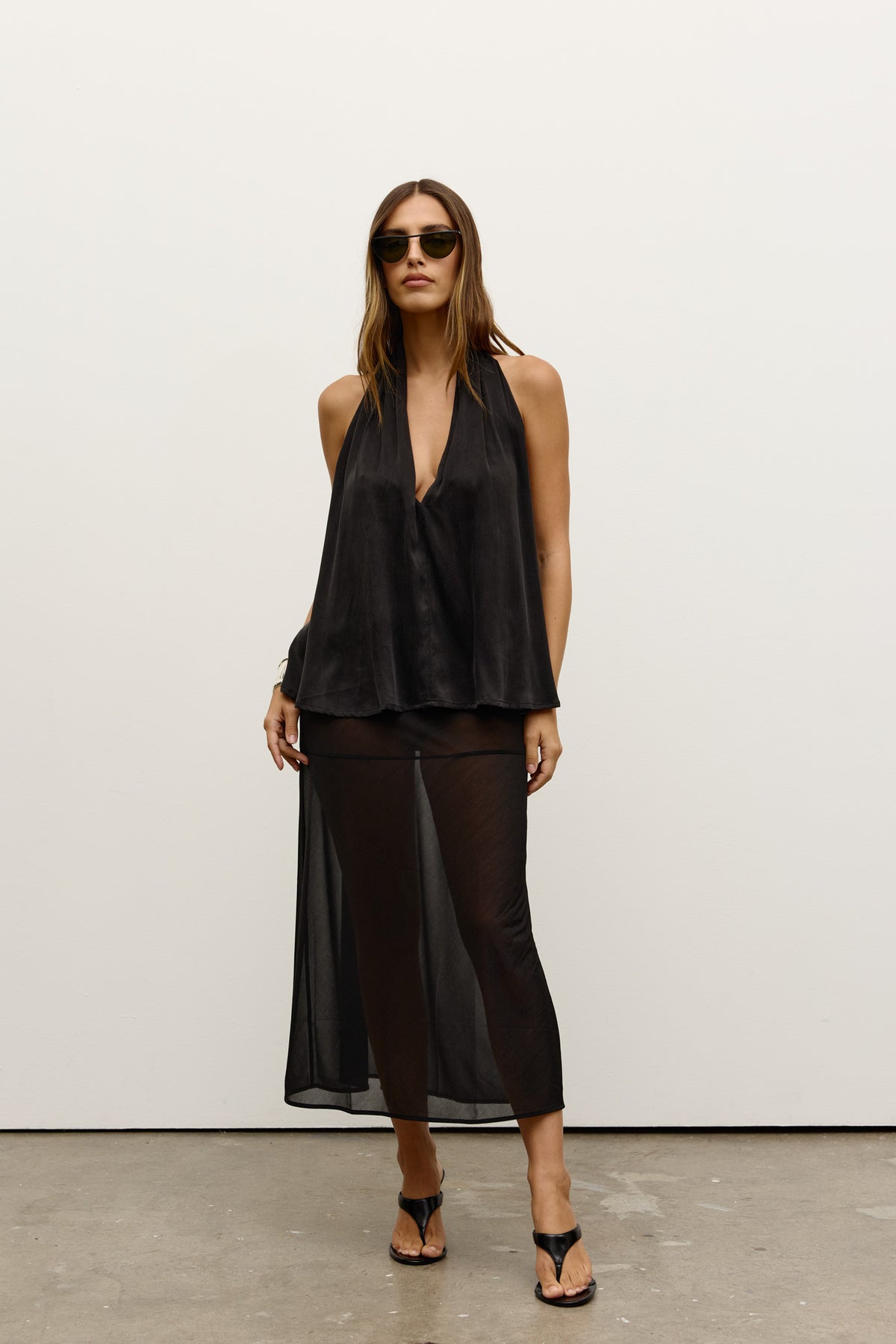 Clea Plunging Halter Top in Black, view 3, Bayse Brand