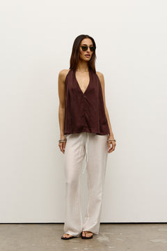 Clea Plunging Halter Top in Brown, view 3, Bayse Brand