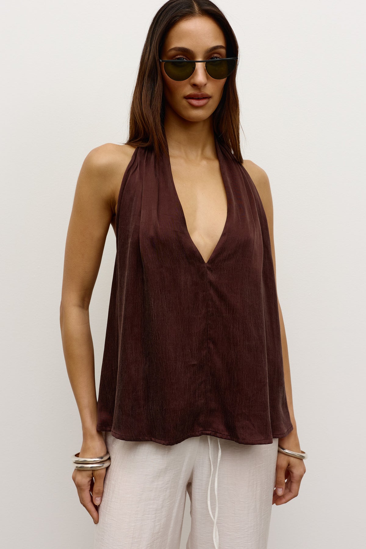 Clea Plunging Halter Top in Brown, view 1, Bayse Brand