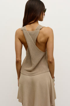 Frankie Open Knit V Neck Top in Camel, view 2, Bayse Brand