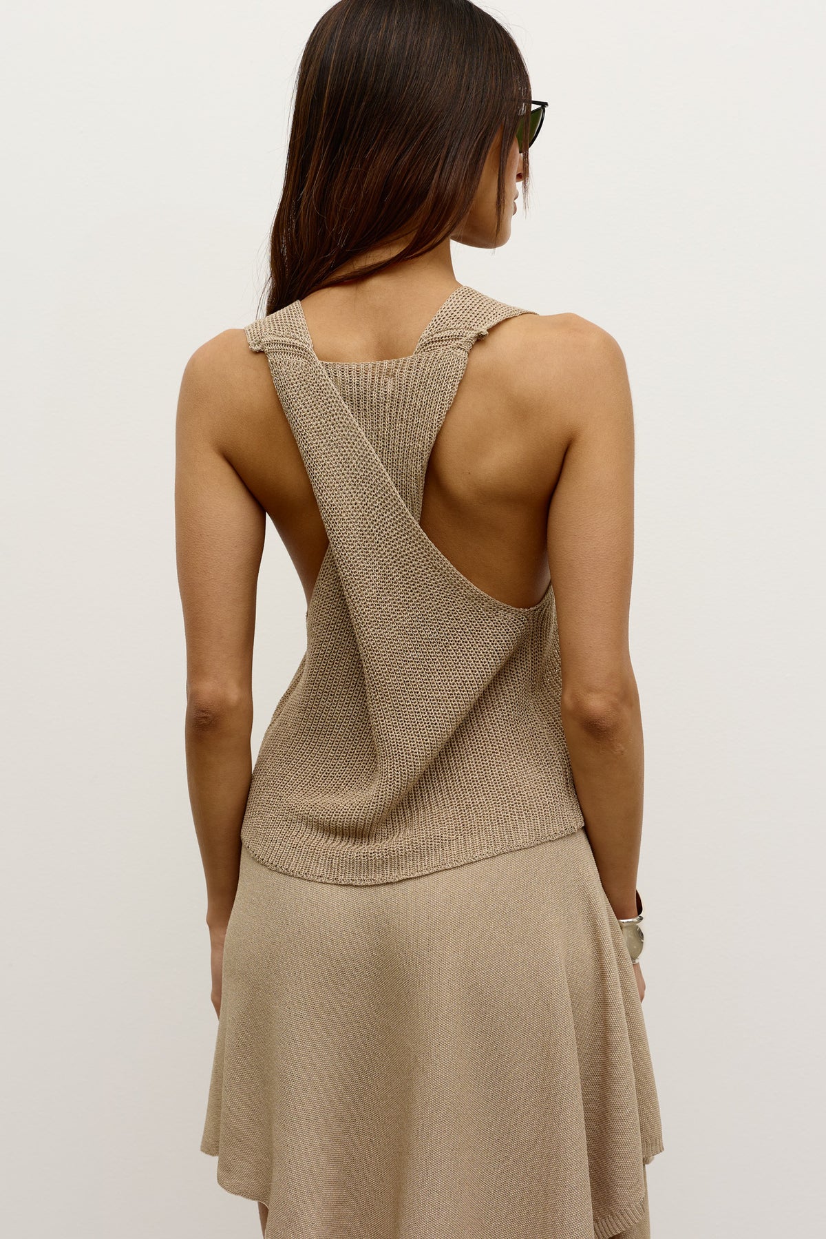 Frankie Open Knit V Neck Top in Camel, view 2, Bayse Brand