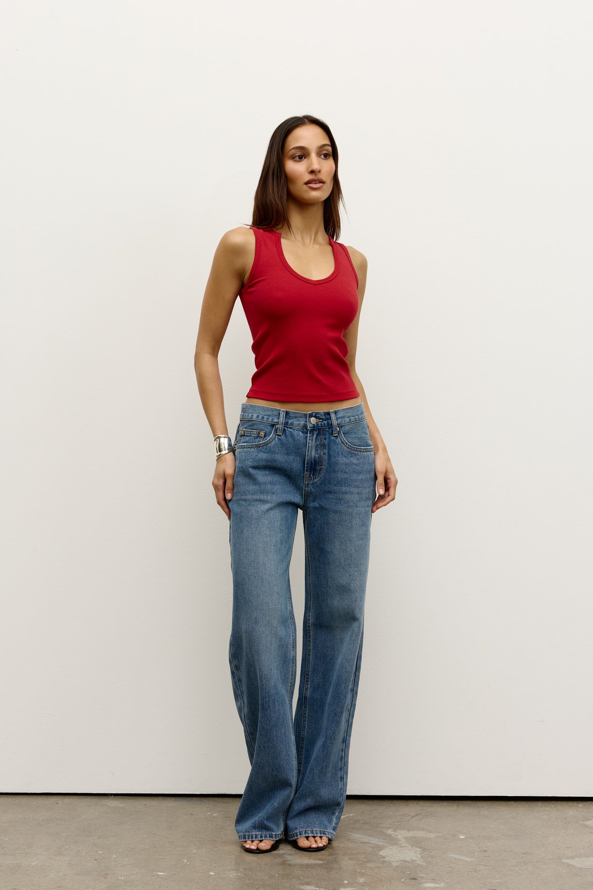 Devon Rib Scoop Neck Tank in Red, view 2, Bayse Brand