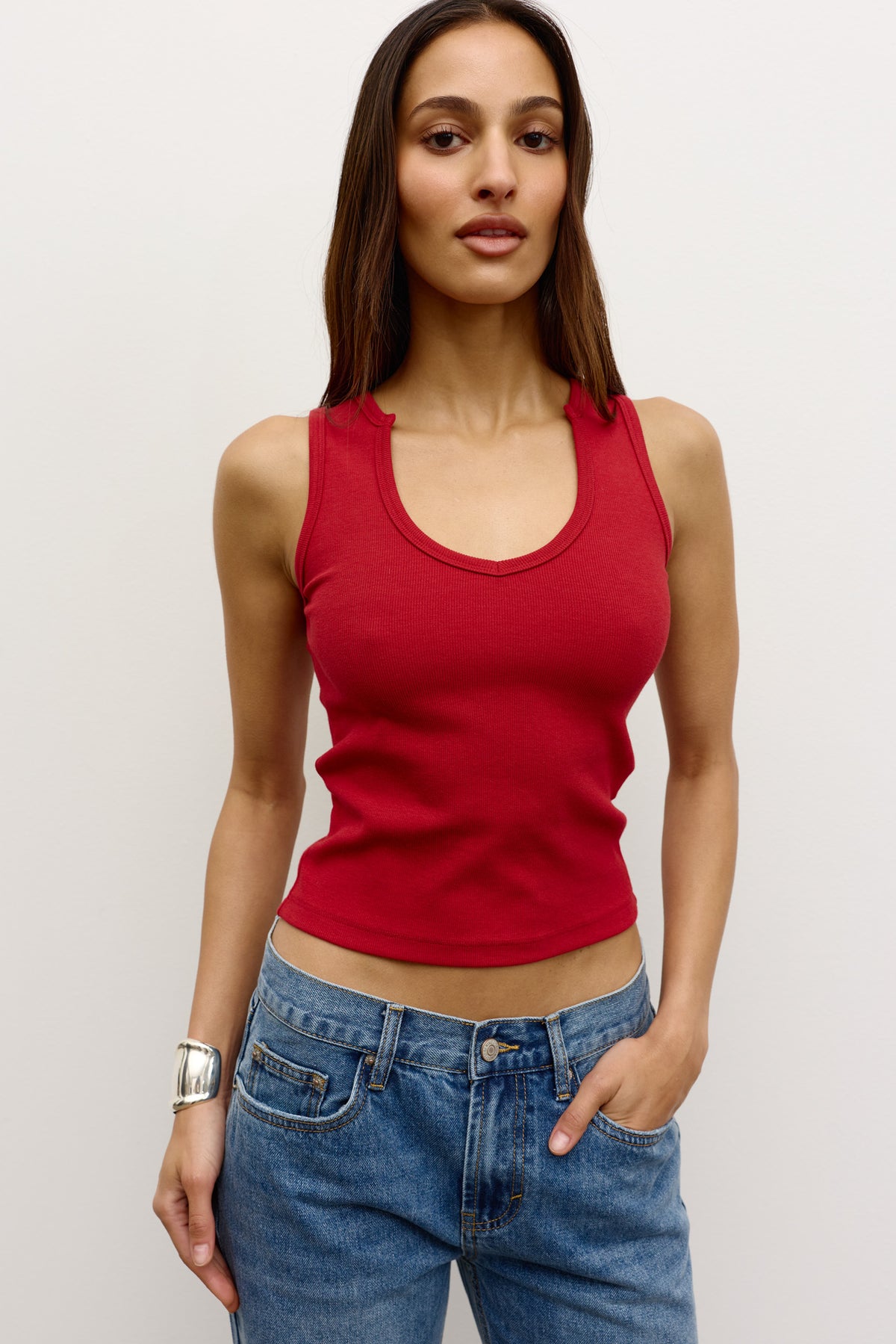 Devon Rib Scoop Neck Tank in Red, view 1, Bayse Brand