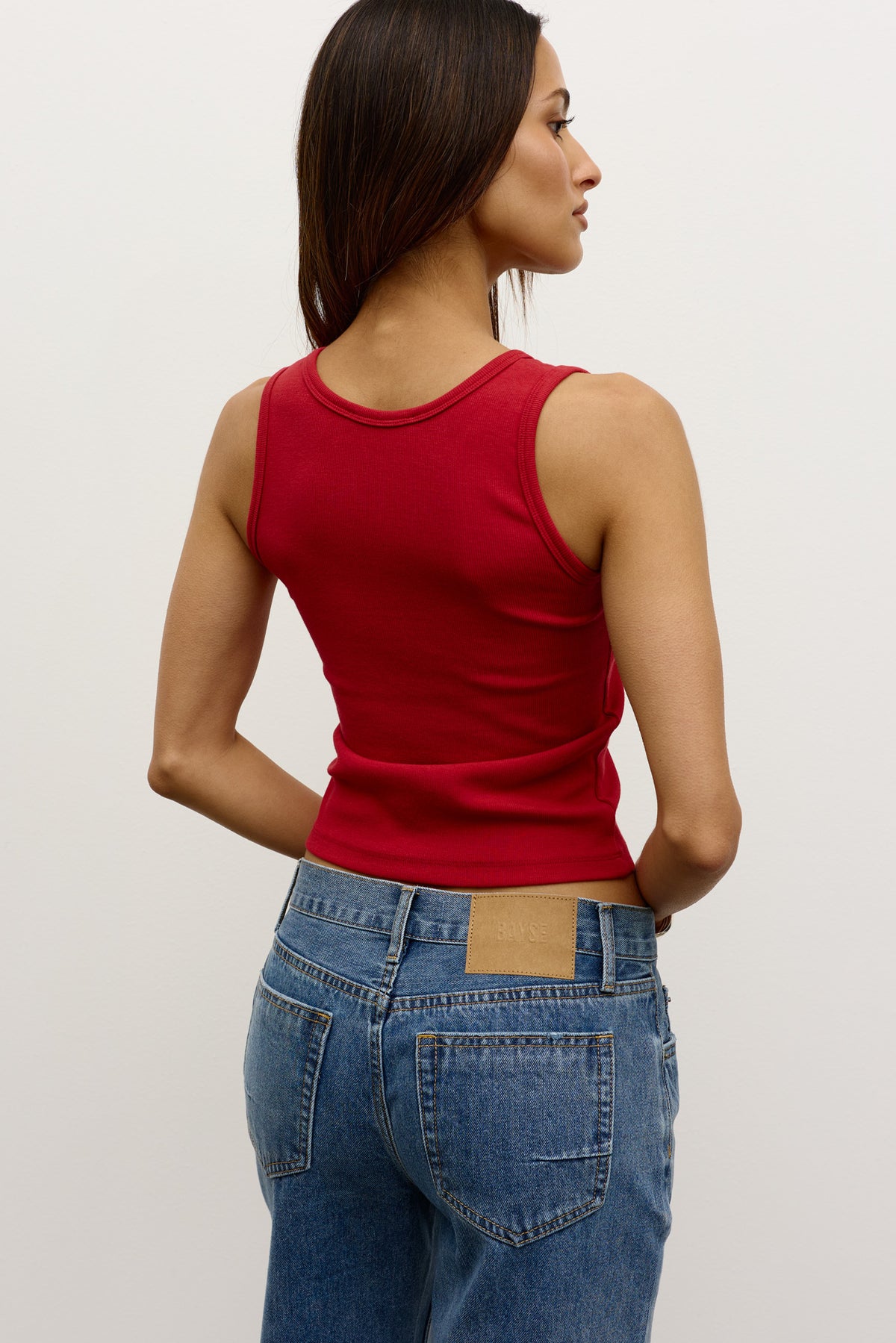 Devon Rib Scoop Neck Tank in Red, view 4, Bayse Brand