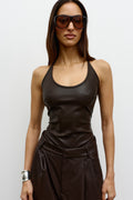 Paris Faux Leather Halter Top in Cocoa, view 1, Bayse Brand