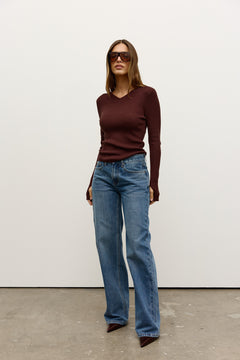 Jayde V Neck Long Sleeve Knit Top in Coffee, view 2, Bayse Brand