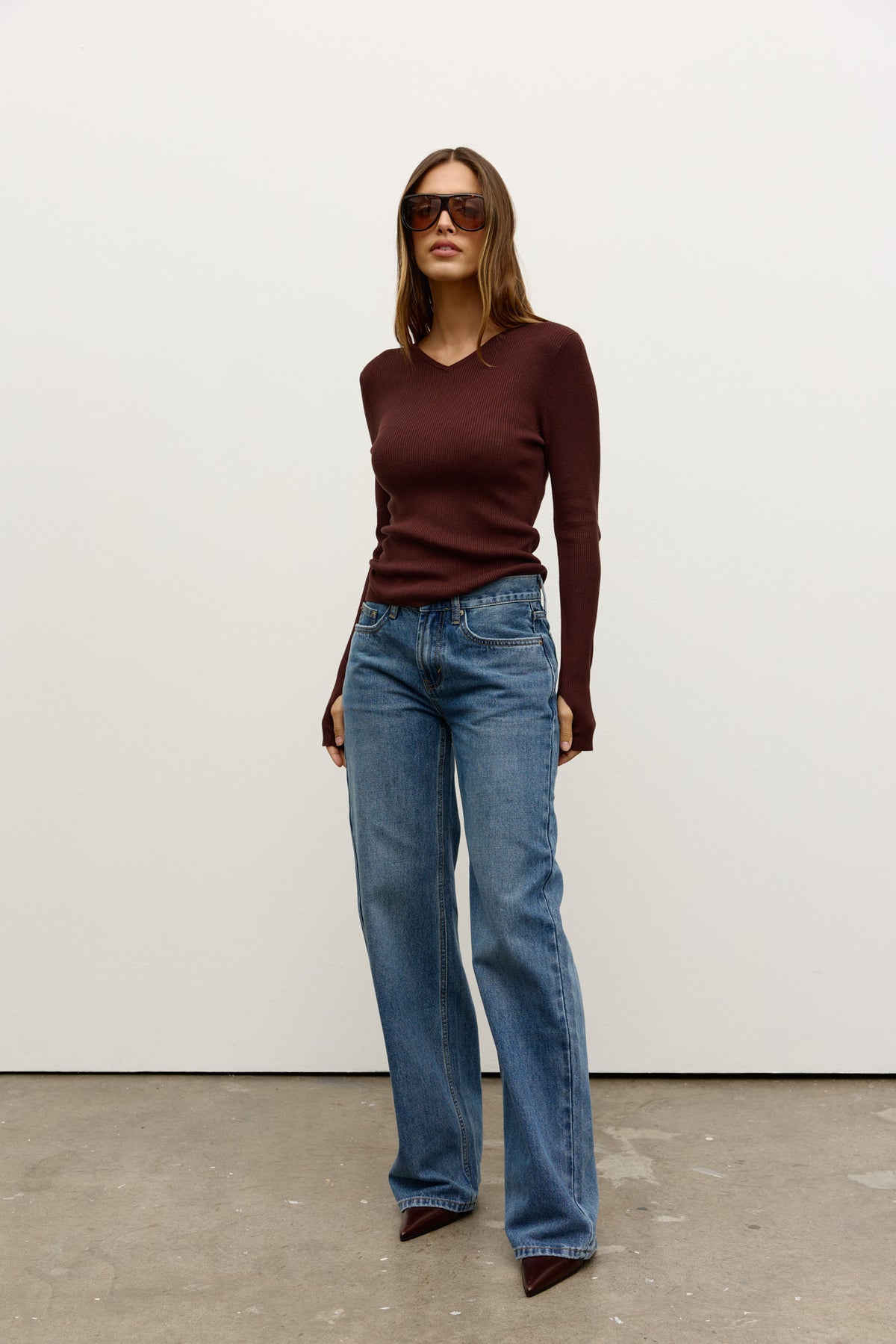 Jayde V Neck Long Sleeve Knit Top in Coffee, view 2, Bayse Brand