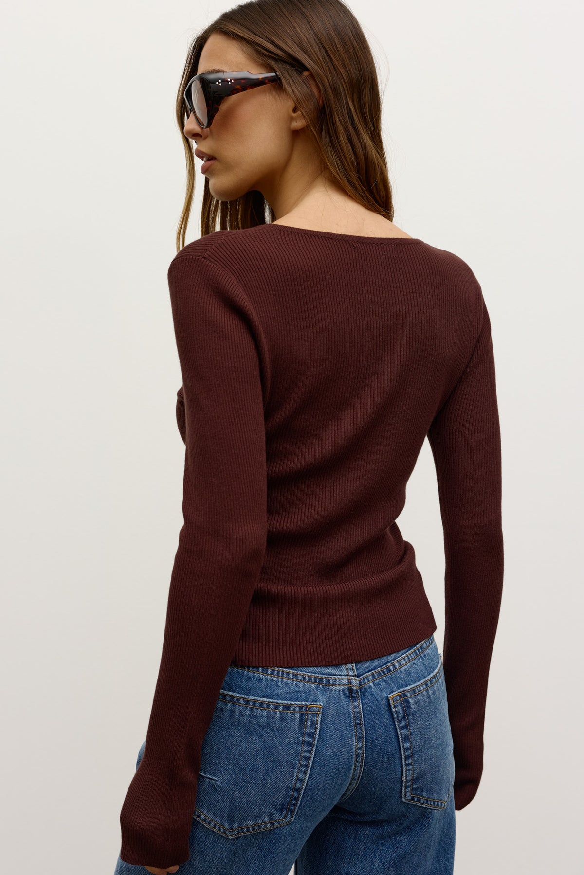 Jayde V Neck Long Sleeve Knit Top in Coffee, view 4, Bayse Brand
