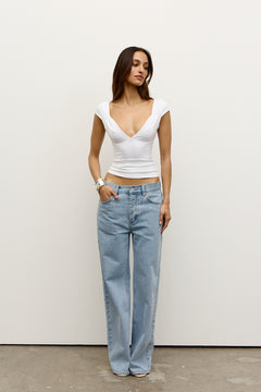 Marianna Deep V Cap Sleeve Top in White, view 2, Bayse Brand