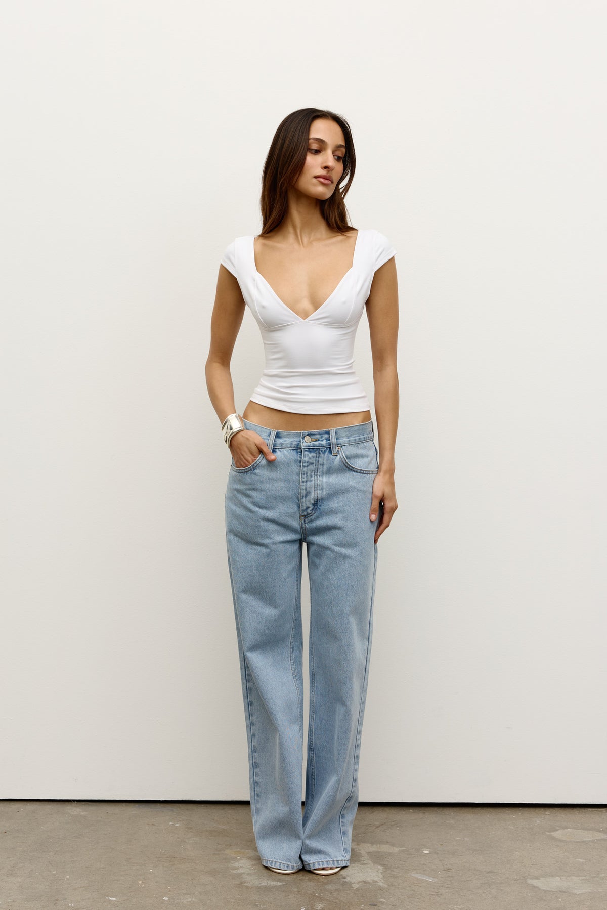 Marianna Deep V Cap Sleeve Top in White, view 2, Bayse Brand