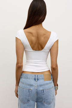 Marianna Deep V Cap Sleeve Top in White, view 4, Bayse Brand