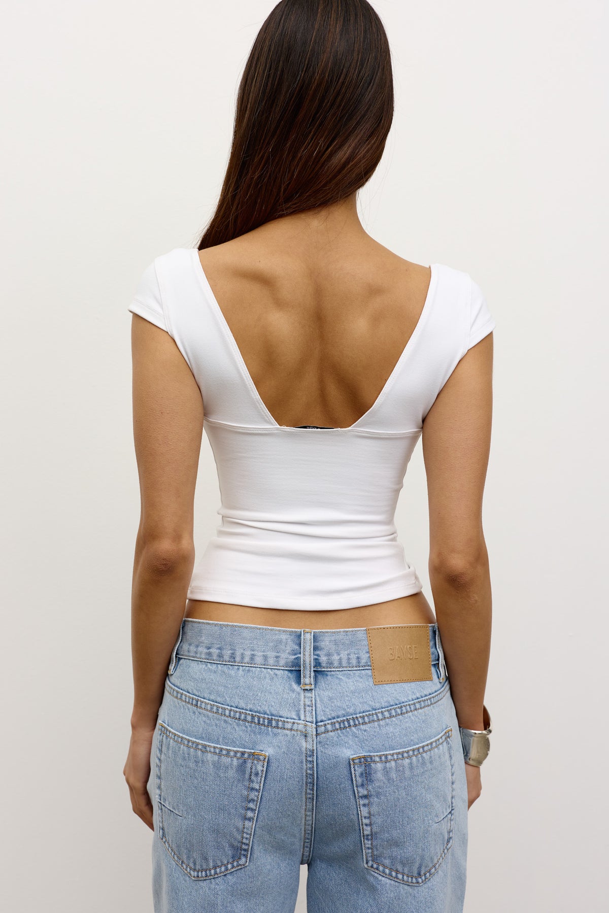 Marianna Deep V Cap Sleeve Top in White, view 4, Bayse Brand