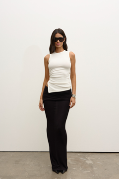 Lana Ribbed High Neck Ruched Tank in White, view 1, Bayse Brand