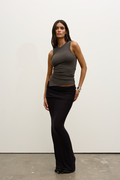 Lana Ribbed High Neck Ruched Tank in Smoke, view 2, Bayse Brand