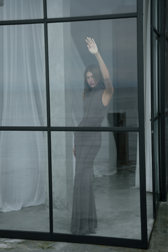 Mae High Neck Open Back Maxi Dress in Smoke, view 2, Bayse Brand