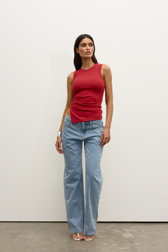Lana Ribbed High Neck Ruched Tank in Red, view 3, Bayse Brand