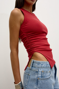 Lana Ribbed High Neck Ruched Tank in Red, view 1, Bayse Brand