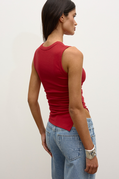 Lana Ribbed High Neck Ruched Tank in Red, view 4, Bayse Brand