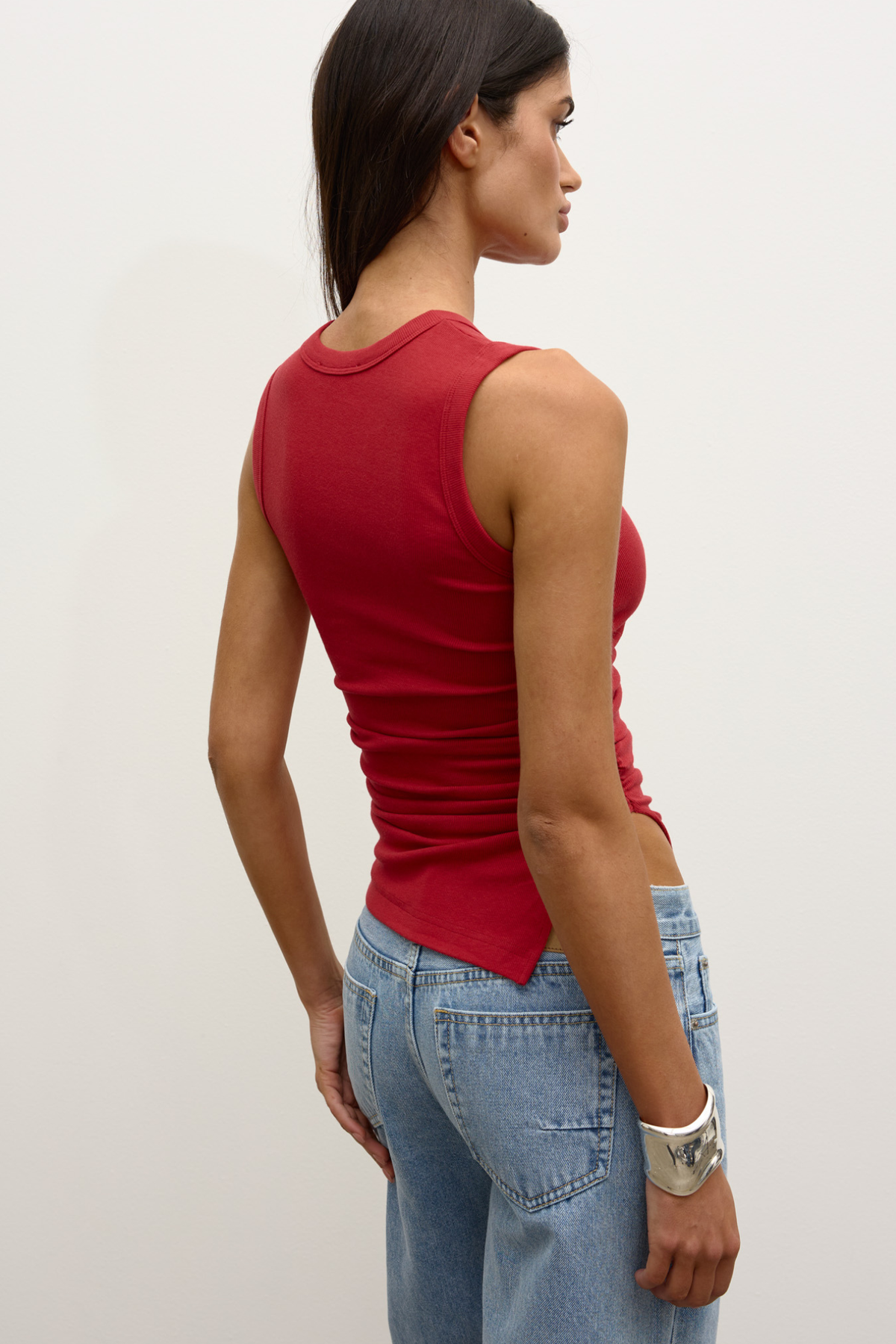 Lana Ribbed High Neck Ruched Tank in Red, view 4, Bayse Brand