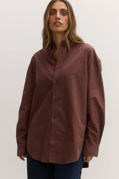 Avoca Oversized Cotton Shirt in Mocha, view 2, Bayse Brand