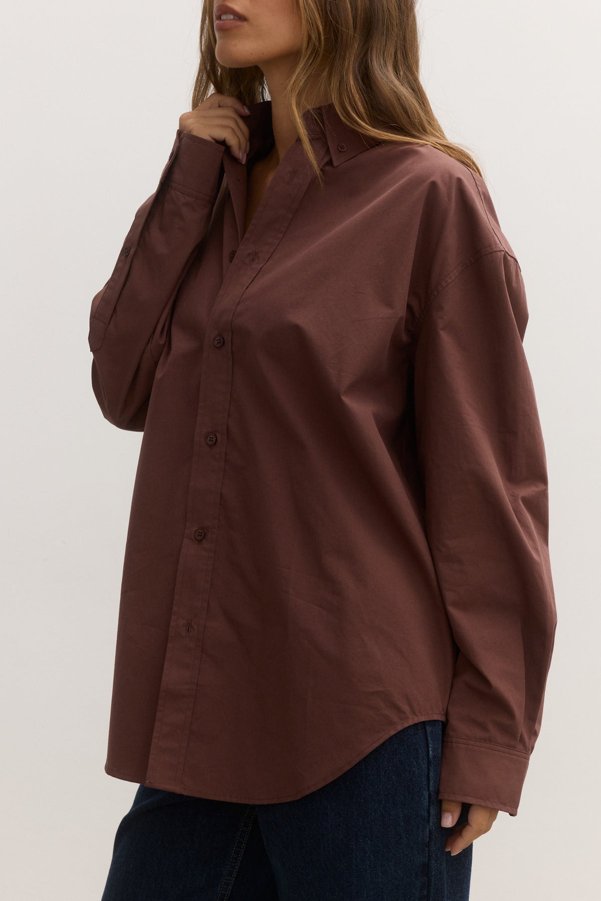 Avoca Oversized Cotton Shirt in Mocha, view 3, Bayse Brand