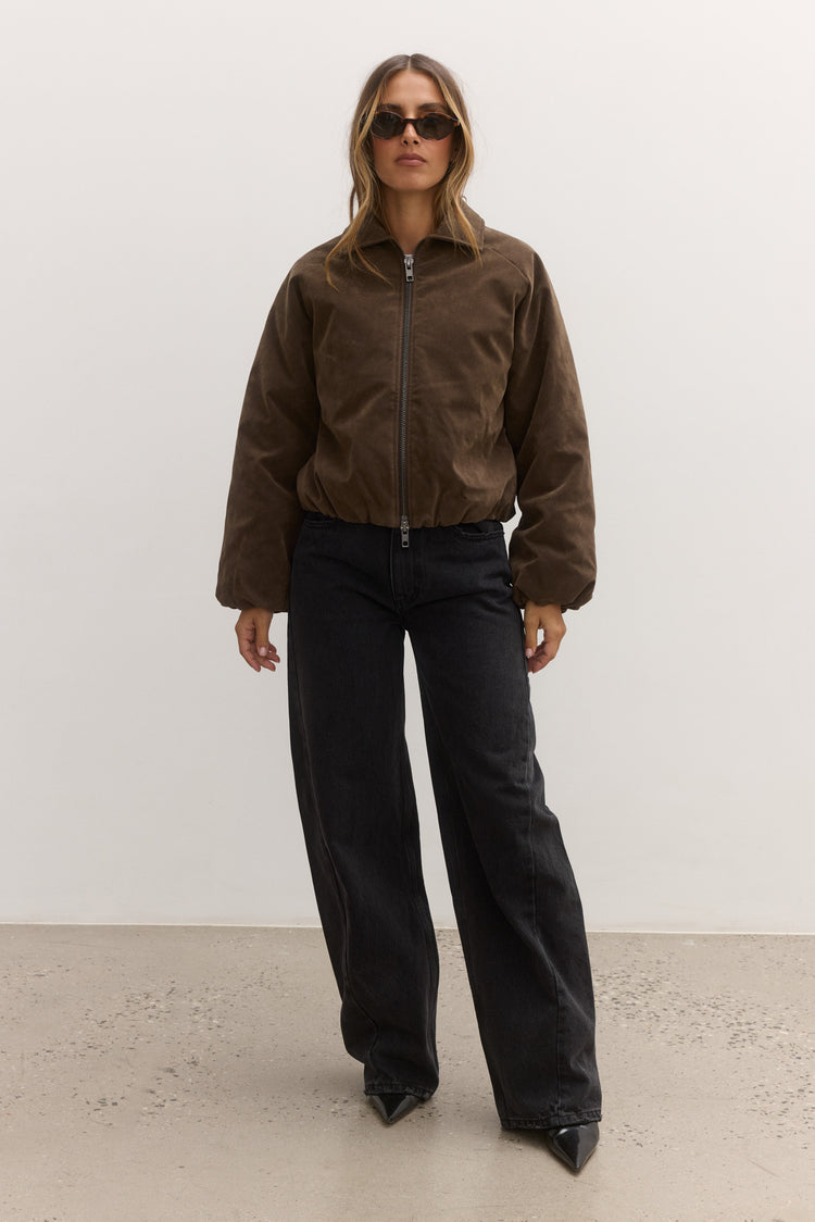 CECI FAUX SUEDE BOMBER - SADDLE