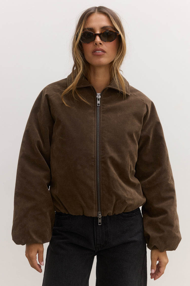 CECI FAUX SUEDE BOMBER - SADDLE